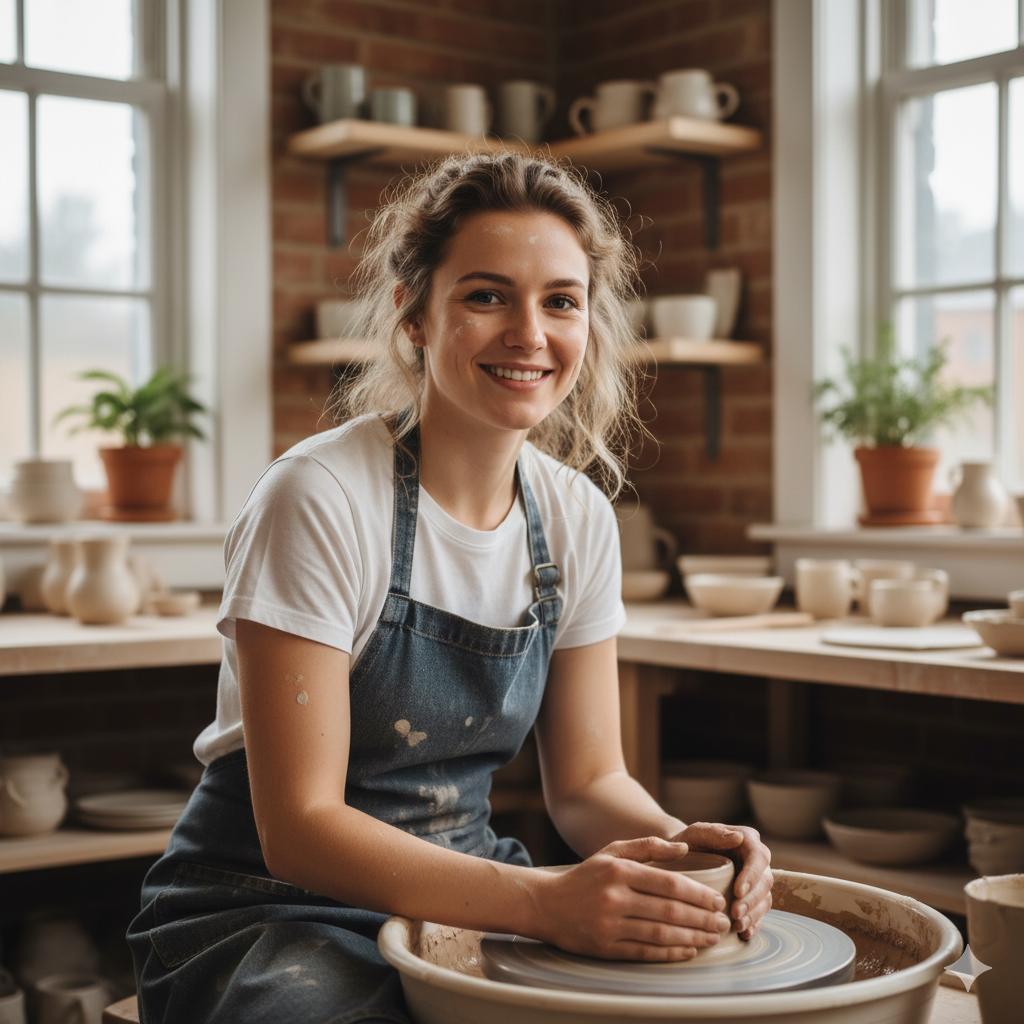 A young woman smiling while working on a pottery wheel in a ceramics studio with shelves filled with pottery and plants.