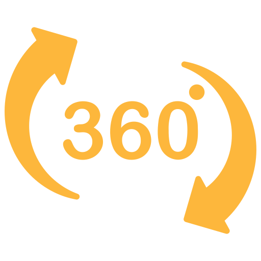 360-degree rotating icon with circular arrows surrounding the number 360
