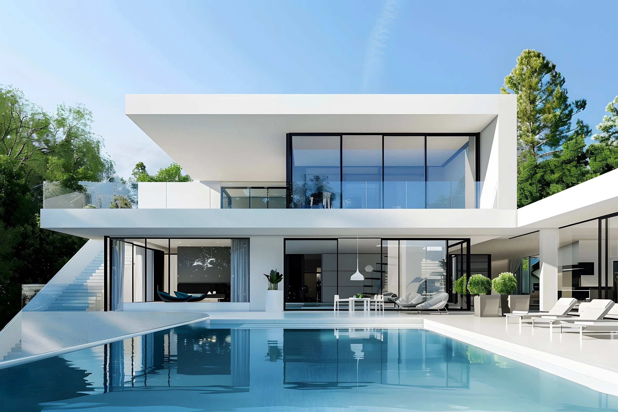 Modern white multi-story house with large glass windows, outdoor pool, and lush green trees in the background.