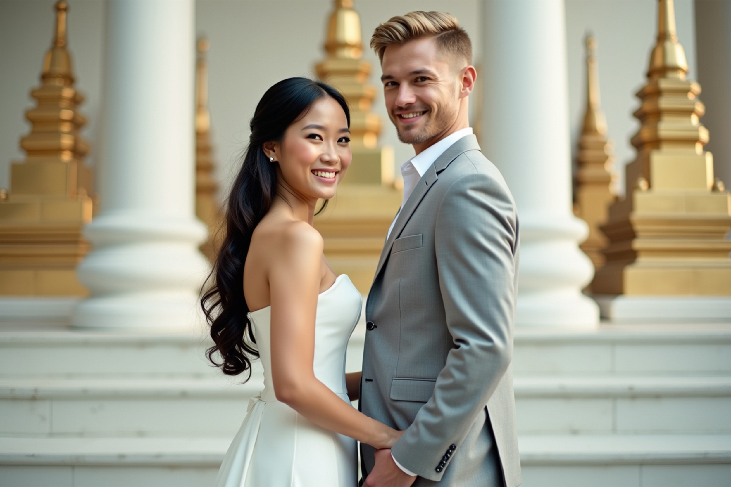 A happy couple dressed in wedding attire, standing hand in hand outdoors with ornate white and gold columns in the background.