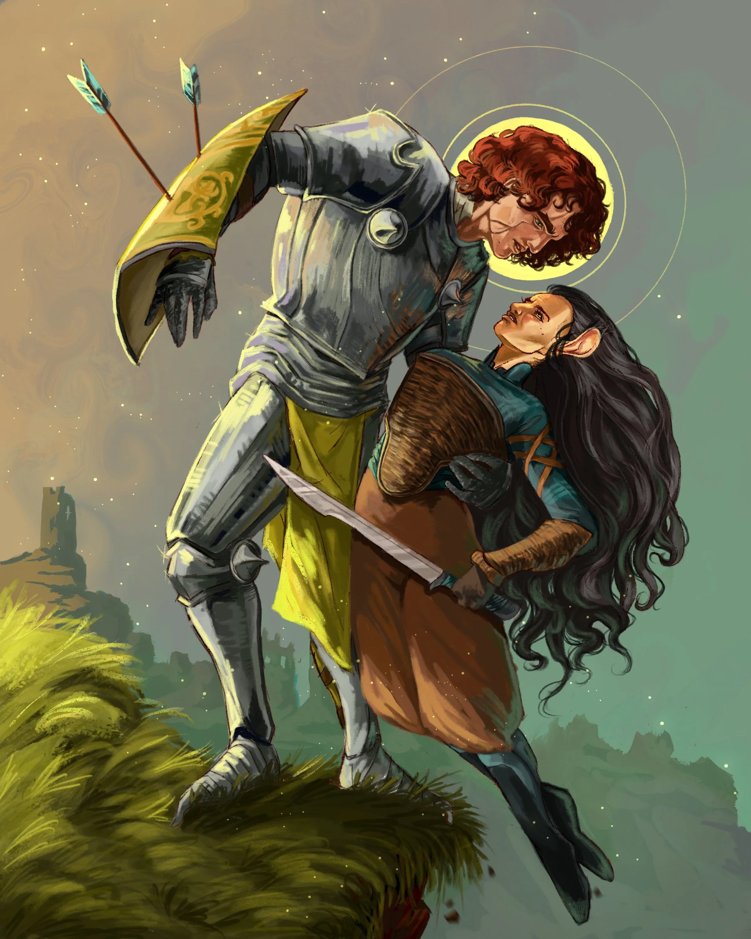 Two figures stand on a cliff grasping one another as arrows fly toward them.