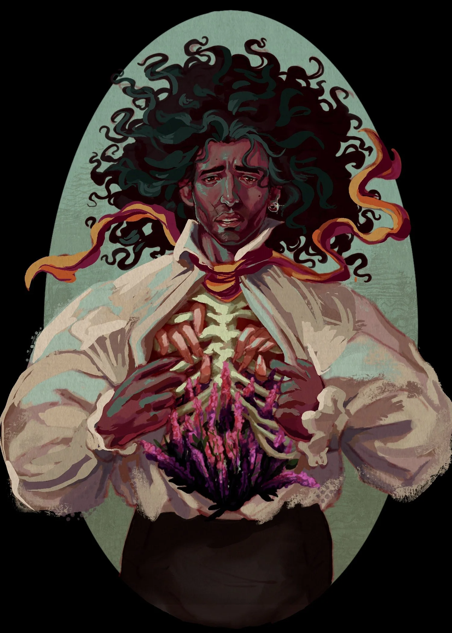 A man lays with his chest open and a woman's hands reaching through his ribs with heather growing through them.
