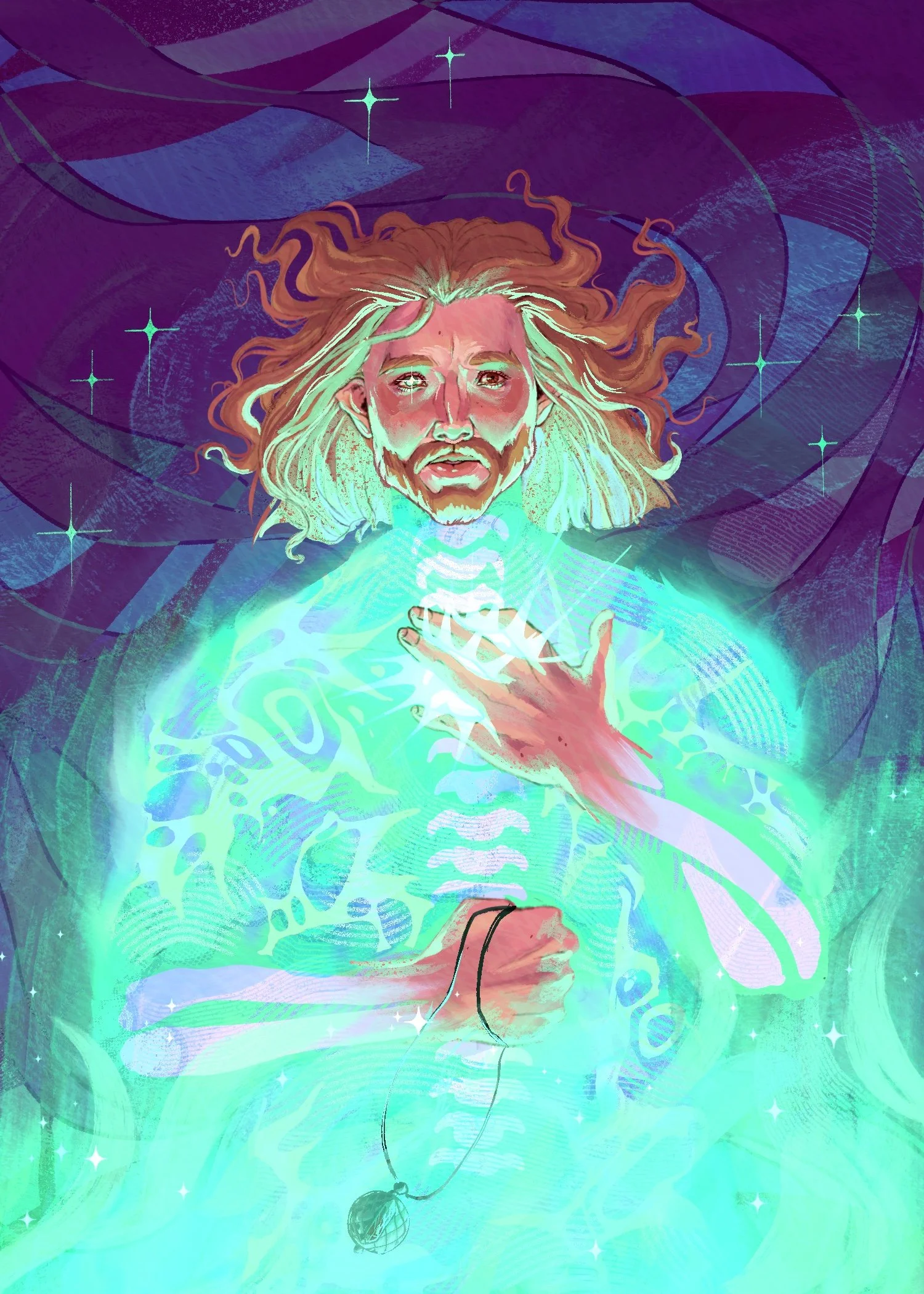 Elliot surrounded by magic and standing in front of a stained glass window.