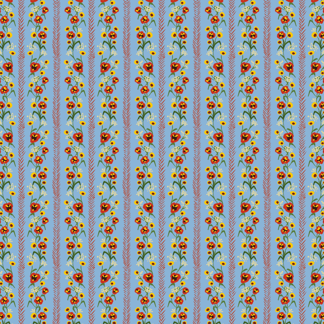 A playful design of wild poppies and yellow flowers on a blue background.