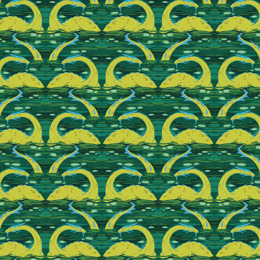 Nessies swim in a sea of teals and greens