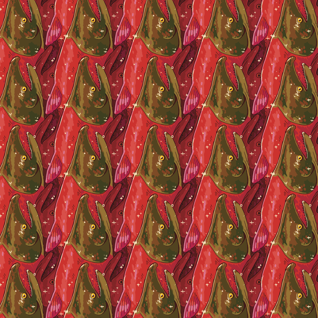 Salmon in bright red and green in a repeating pattern.