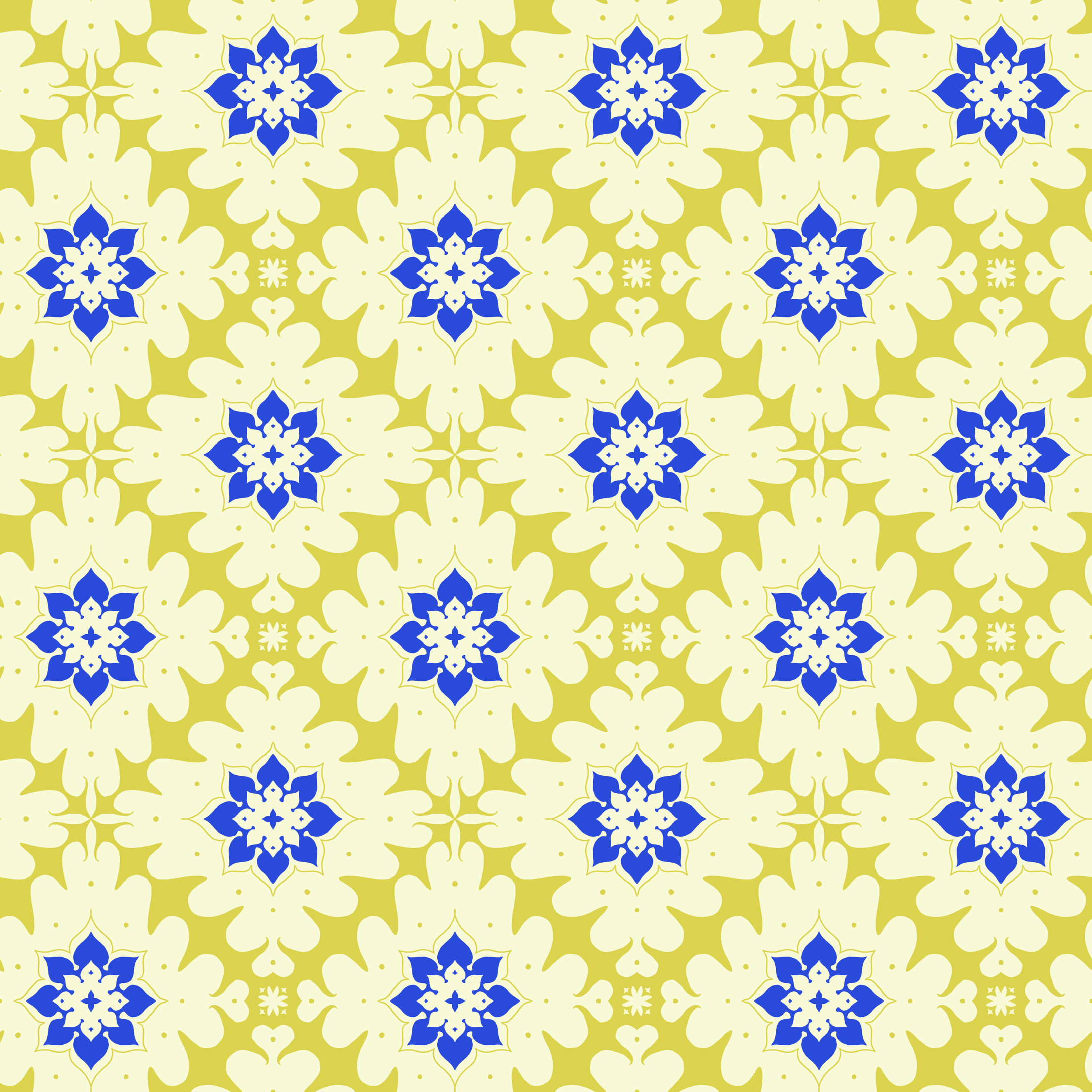 Brilliant blue flowers stand in diamonds of green and yellow.