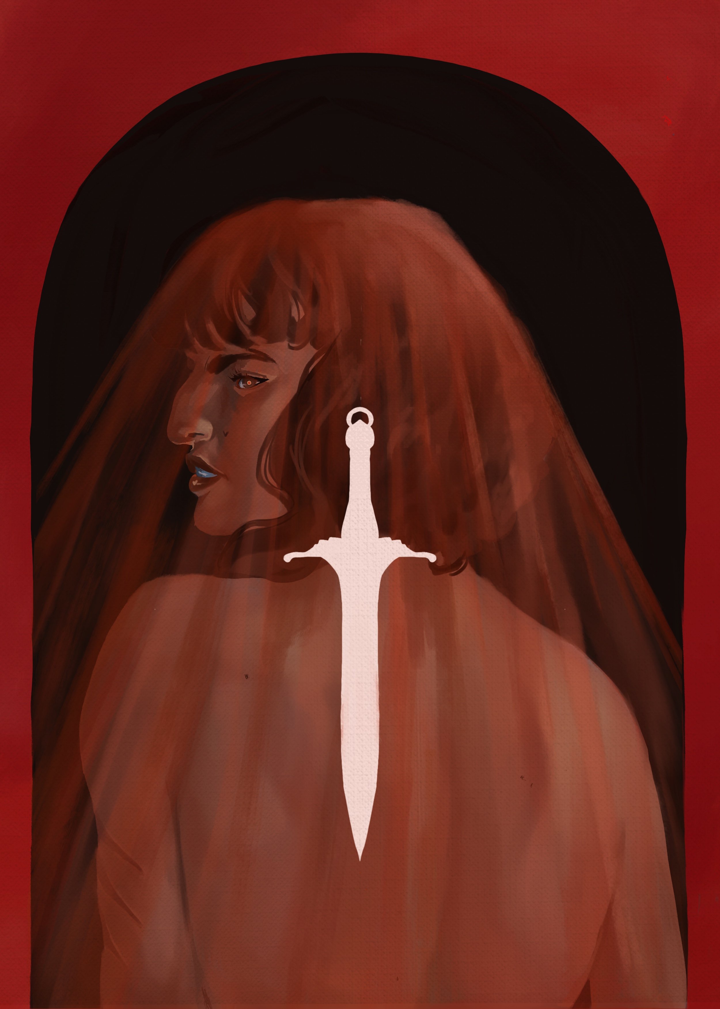 Mavis draped in red with a white dagger overlayed on her back.