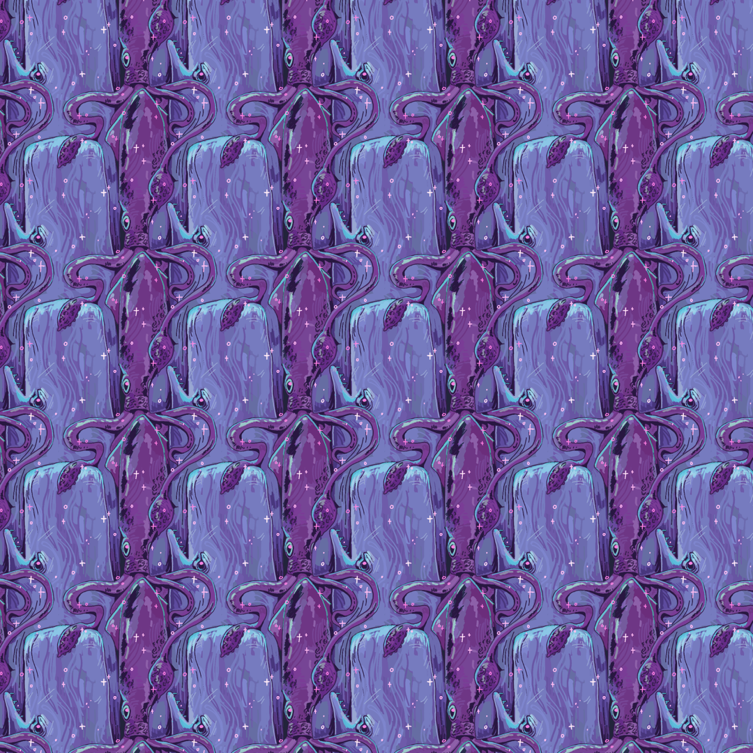 Sperm whales and giant squids battle in purple and blue.