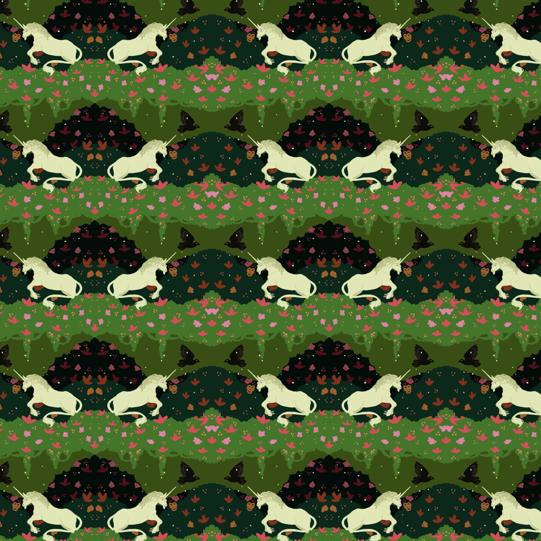 Unicorns and crows on a dark green background.