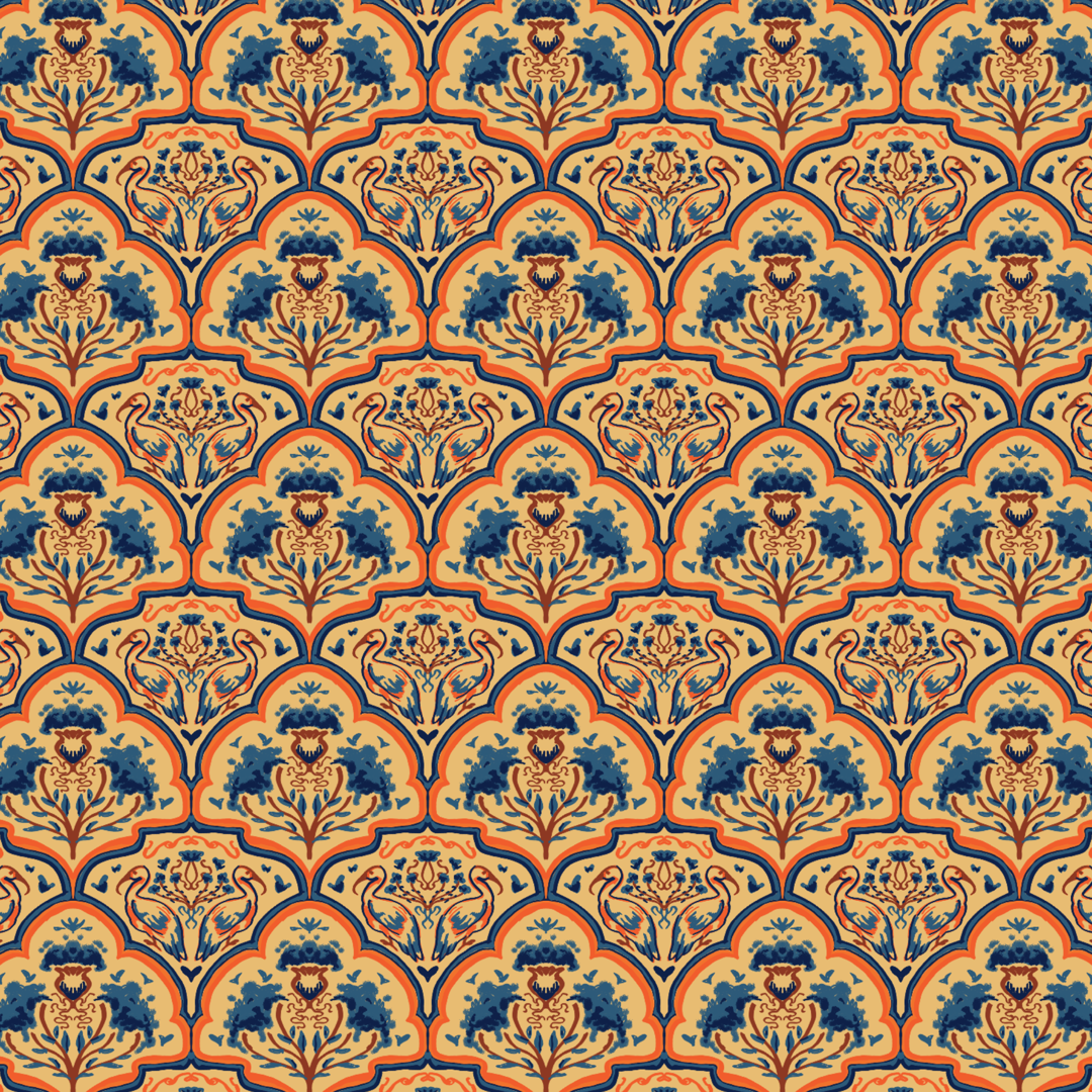 Victorian inspired scale pattern with ibis birds and botanicals.