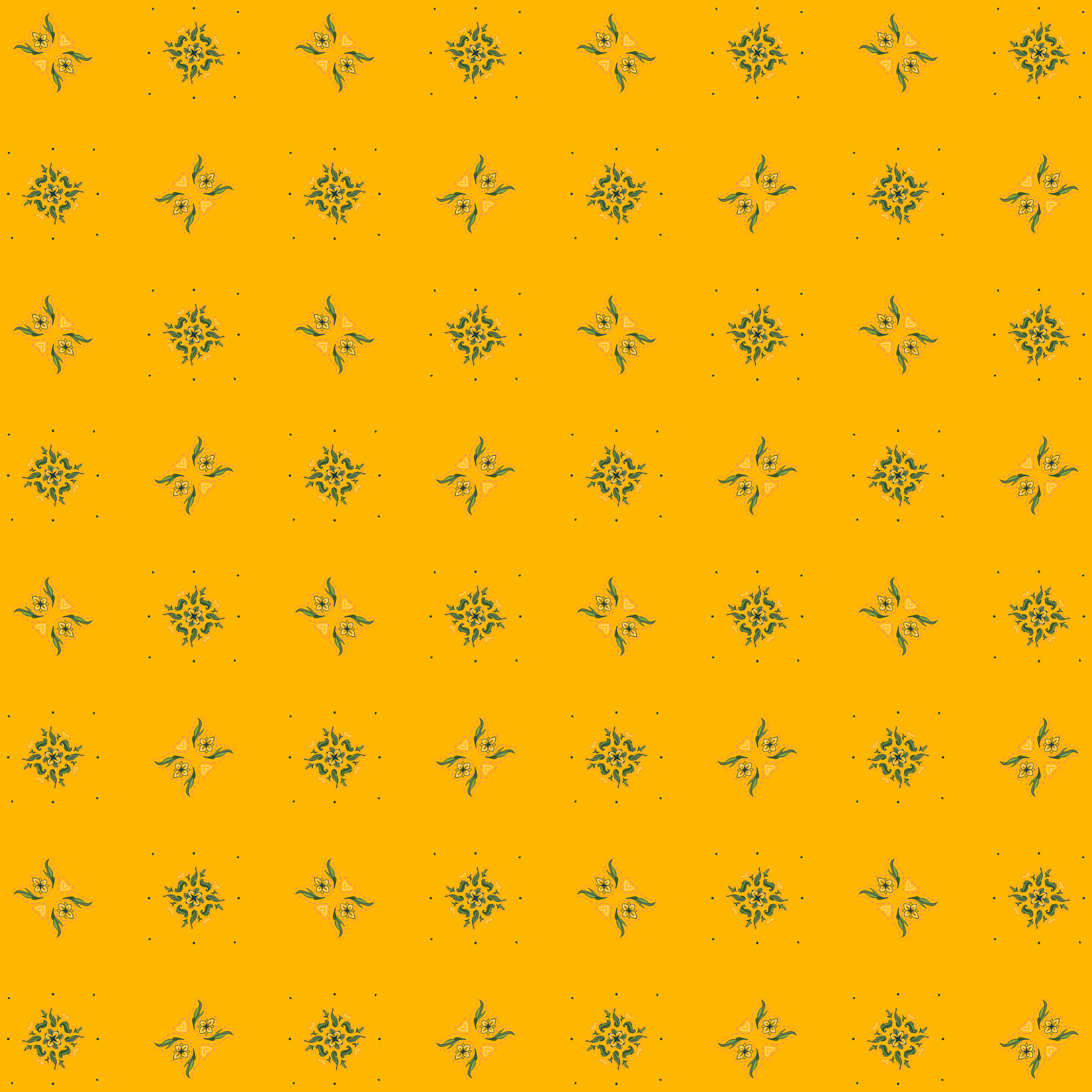 Green and pink flower patterns criss-cross over a marigold background.