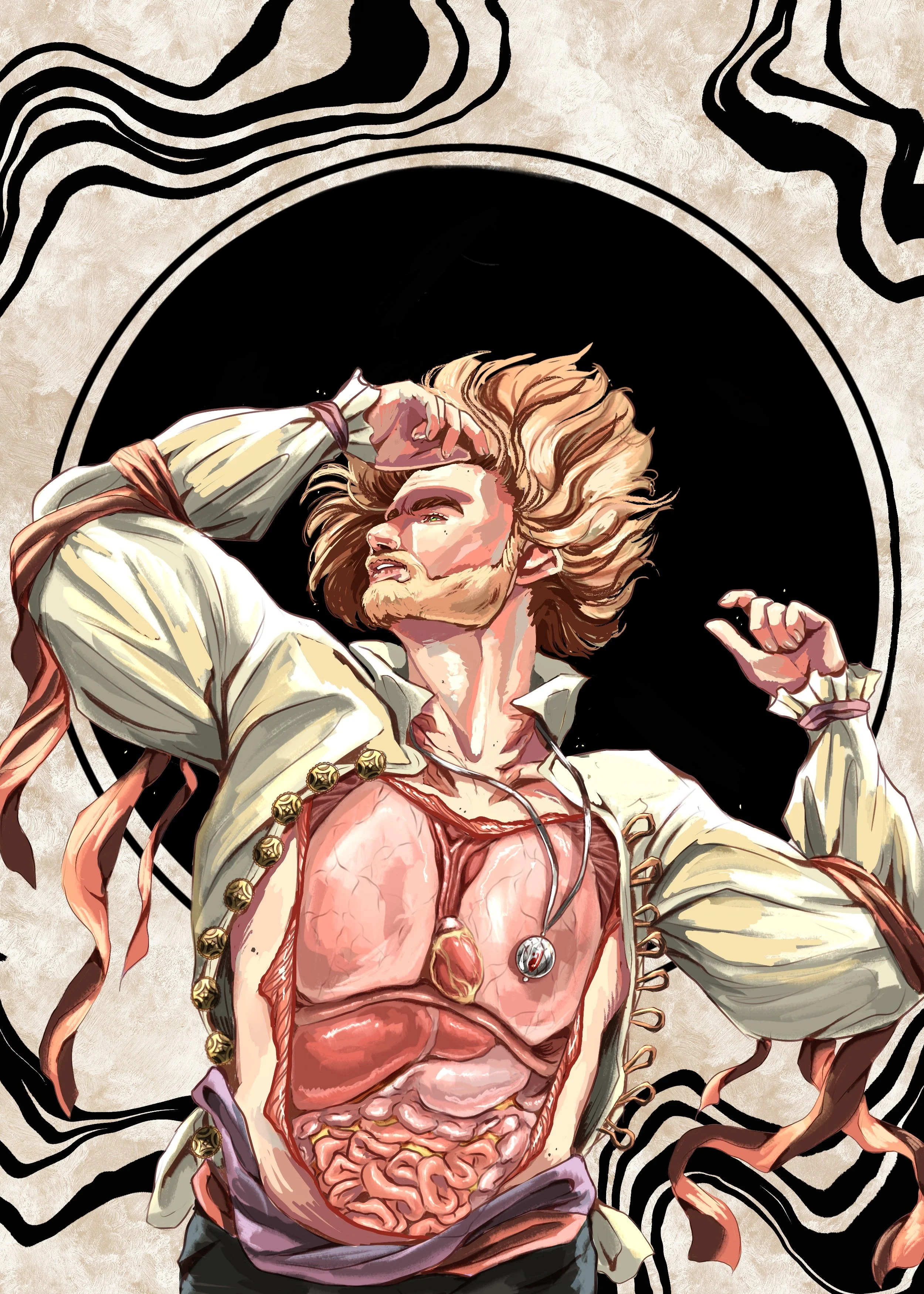 A man falls into a black ring, his shirt pulled open, his organs exposed.