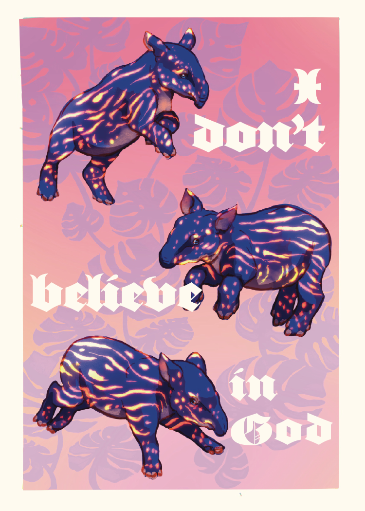 Three Tapirs with monstera plants that don't believe in god.