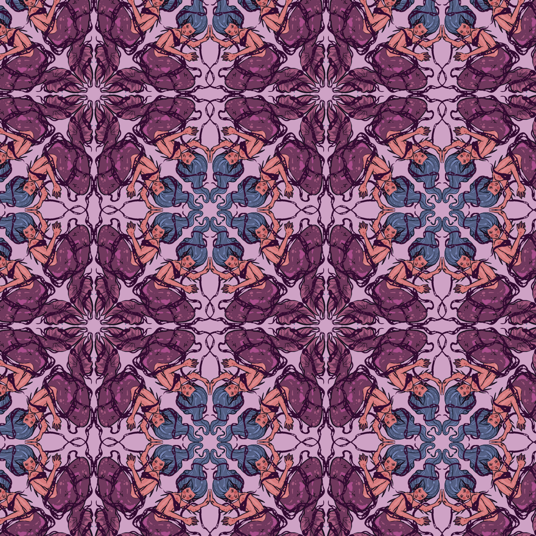 Mermaids in a kaleidoscope of mulberry tones.