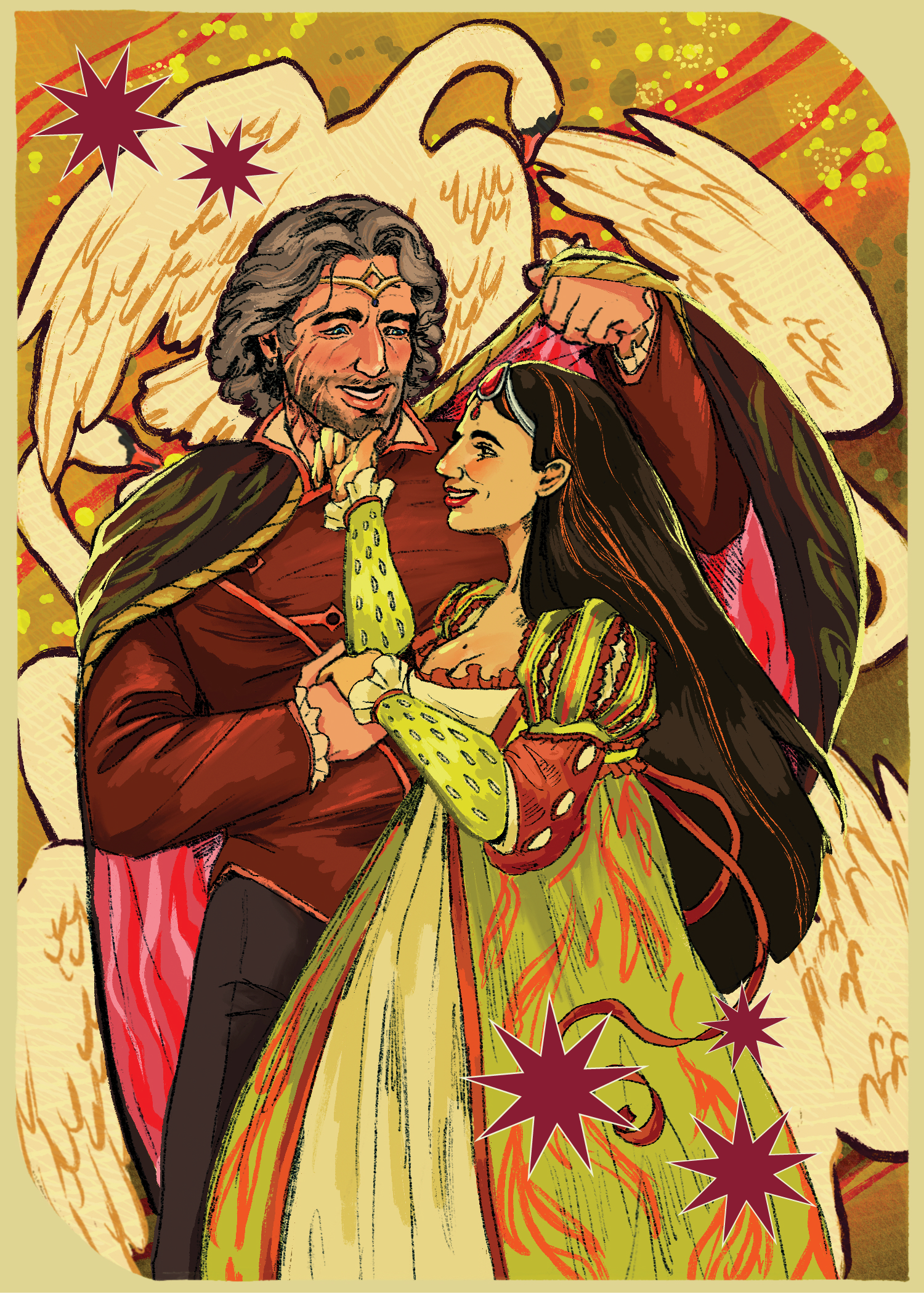 Marcel and Odile share an embrace surrounded by swans