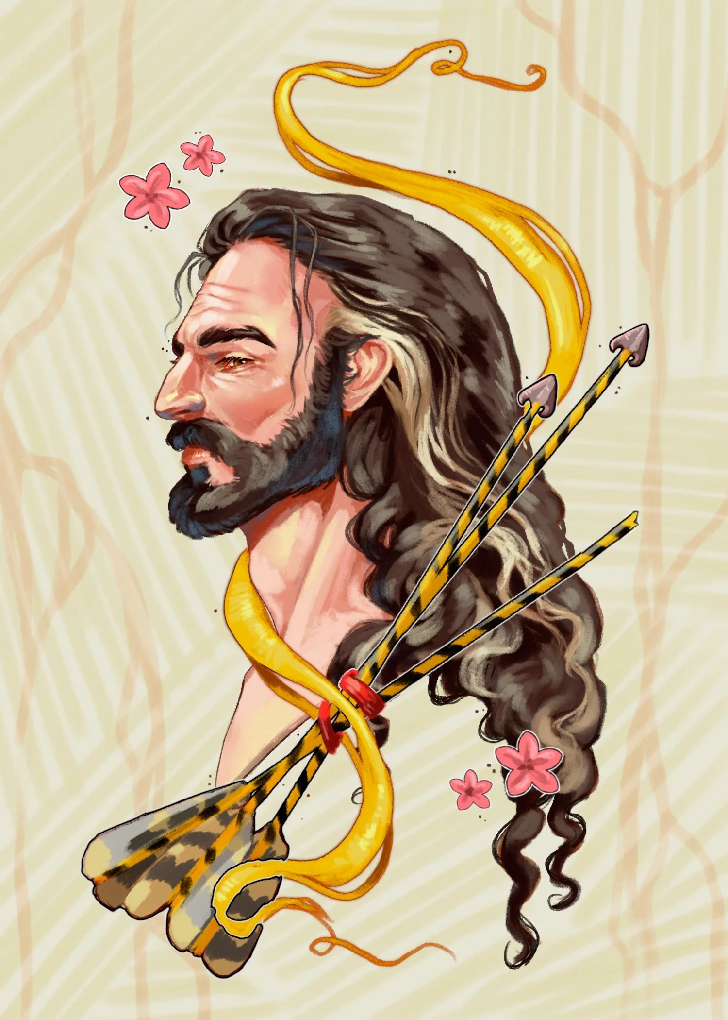The profile of a man with long curling dark hair.