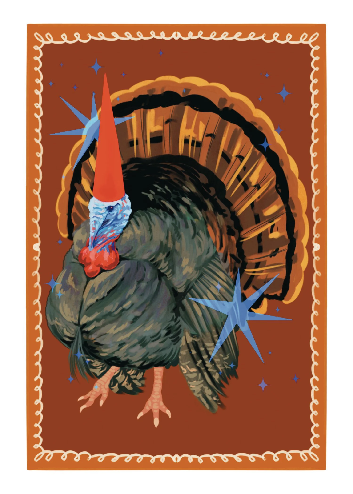 A wild turkey wearing a red gnome hat