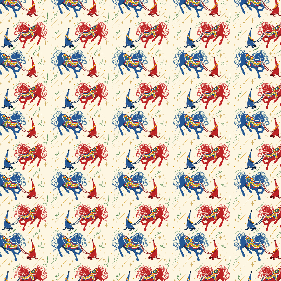 Swedish Dala horses and gnome girls walking on a cream background.