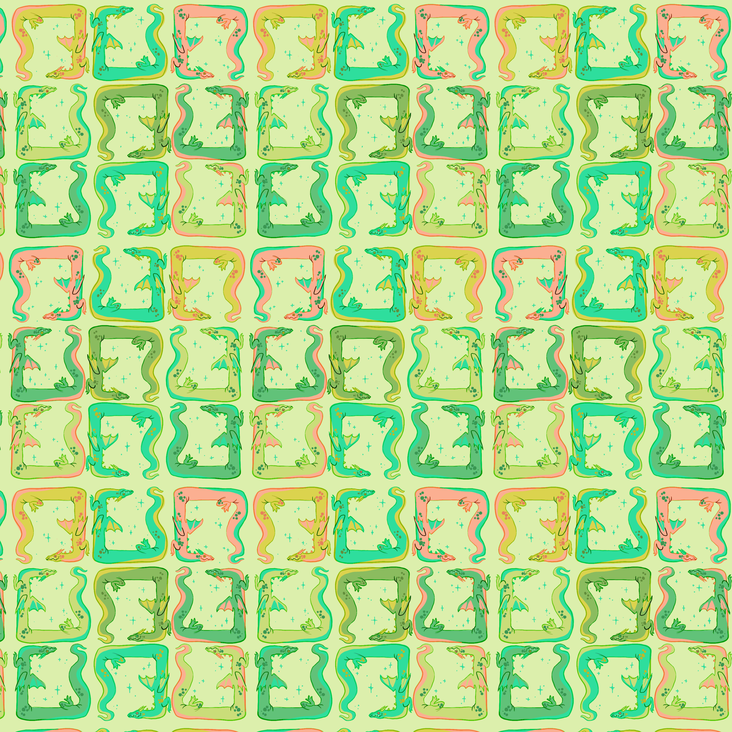 Wyrms create a gentle grid in greens, blues, yellows, and pinks.