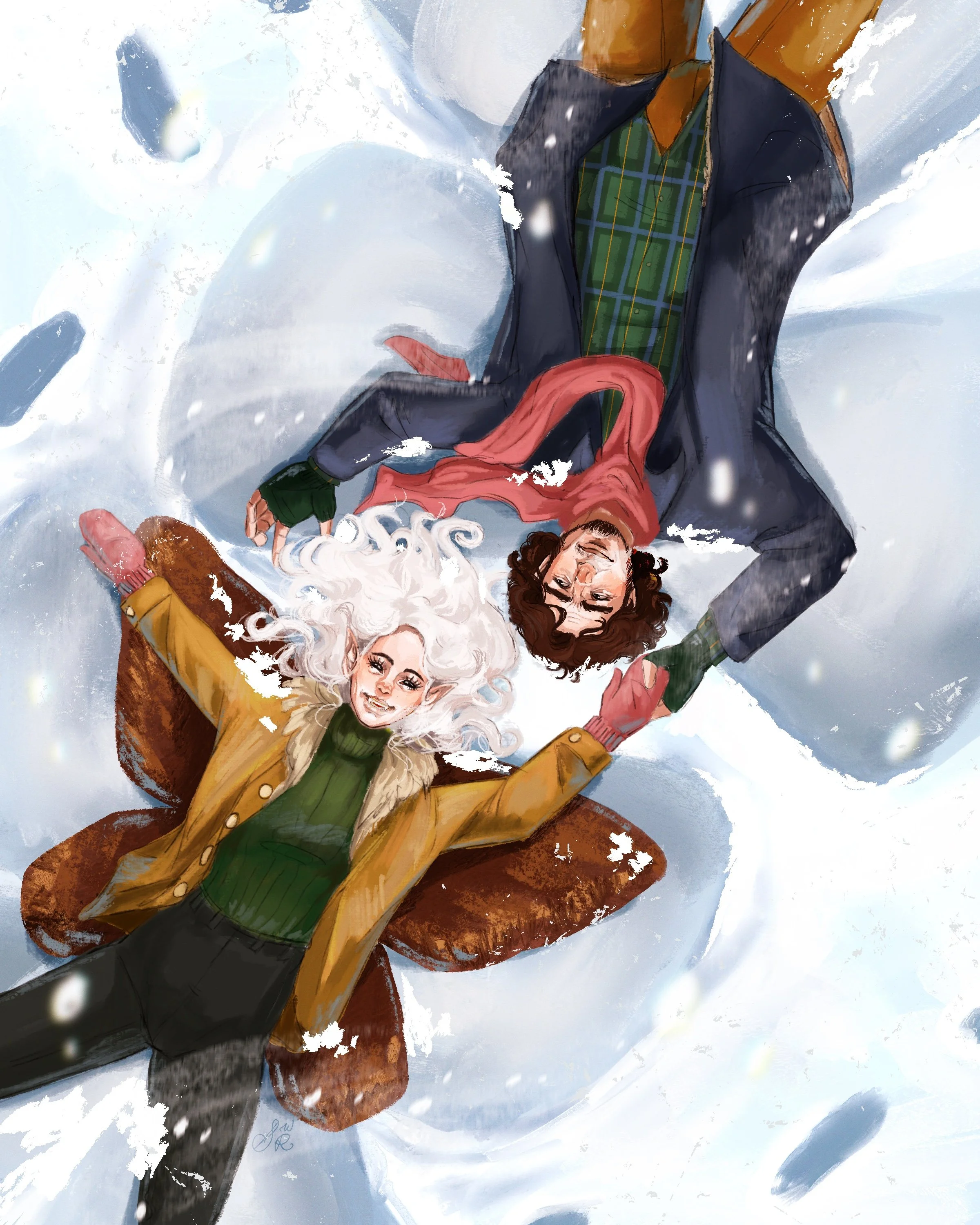 Two lovers make snow angels together.