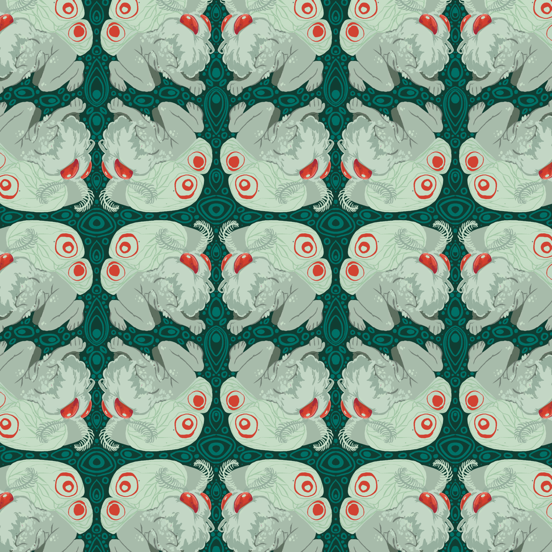 Silver and white Mothmans face each other on a teal background