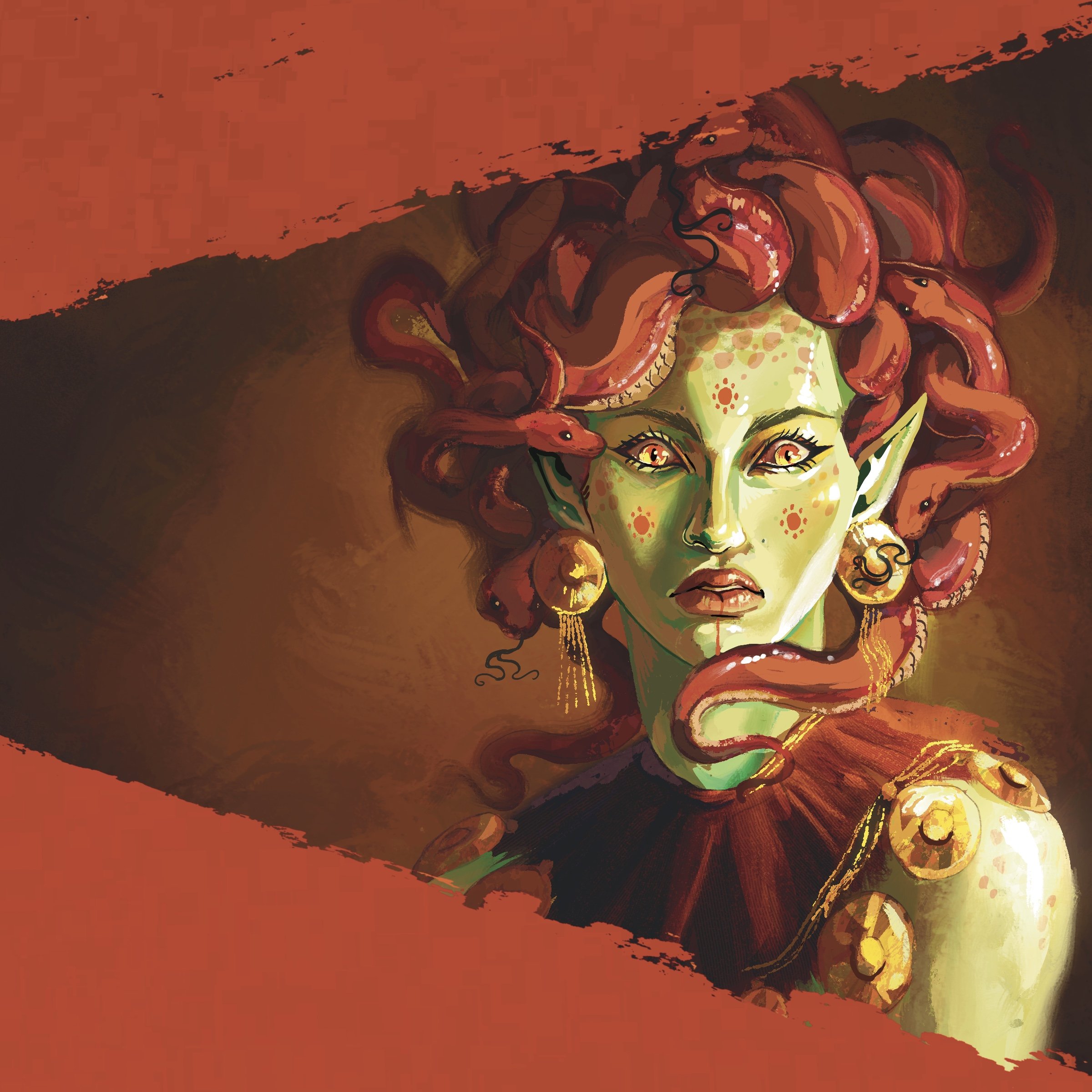 Medusa stares at the viewer, her snake hair swirling around her face.