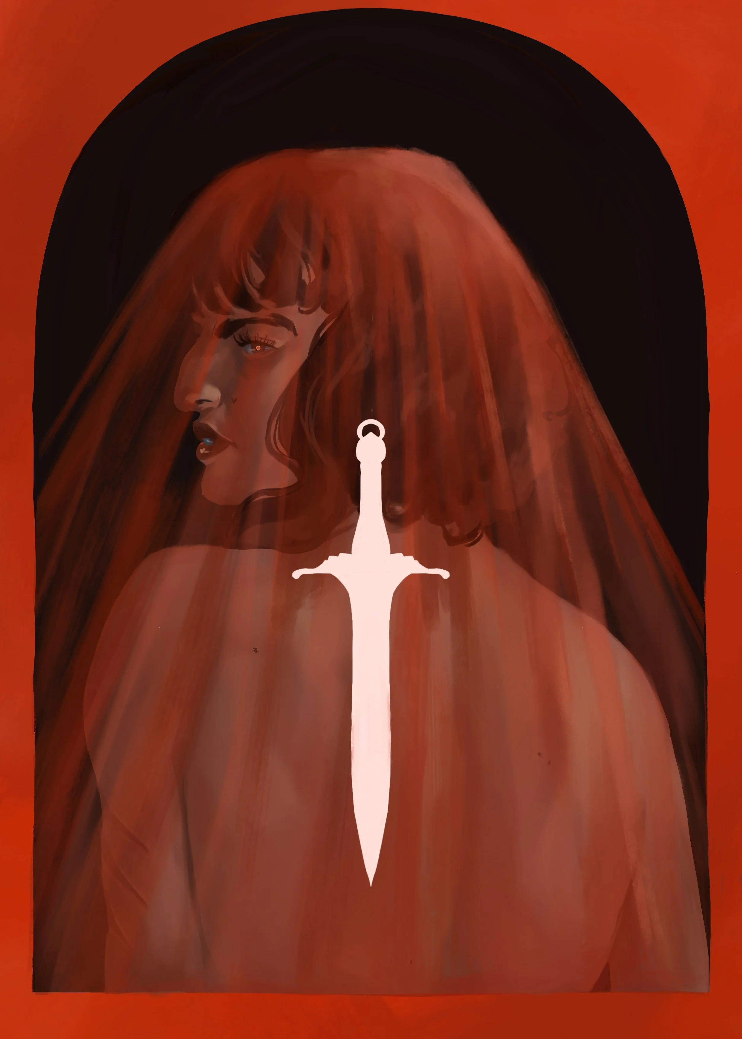 A woman looks over her shoulder, with the white outline of a dagger overlaid across her back.
