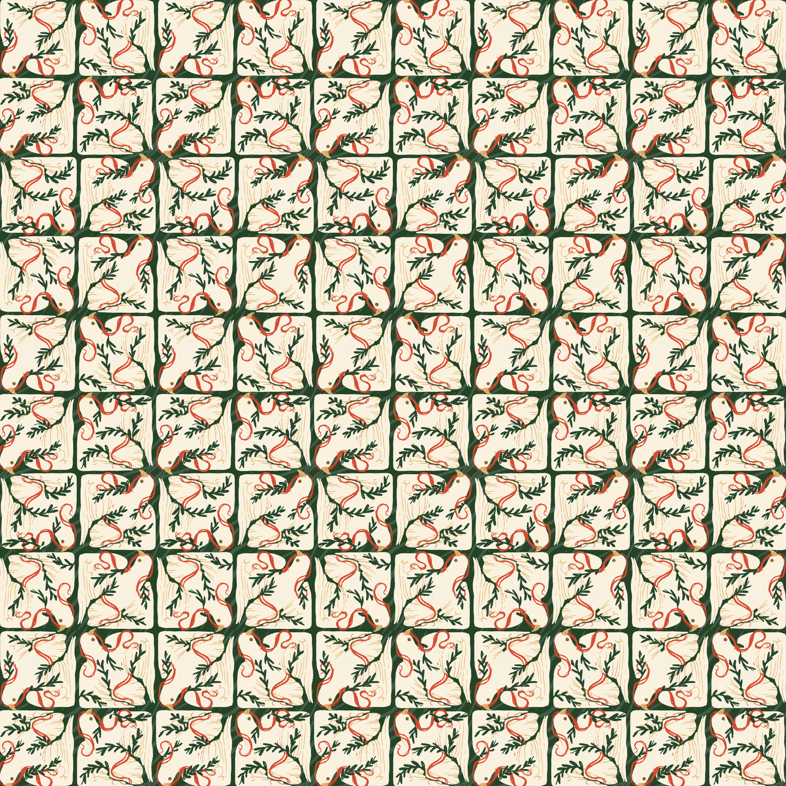grids of doves sharing red ribbon fill a green background.