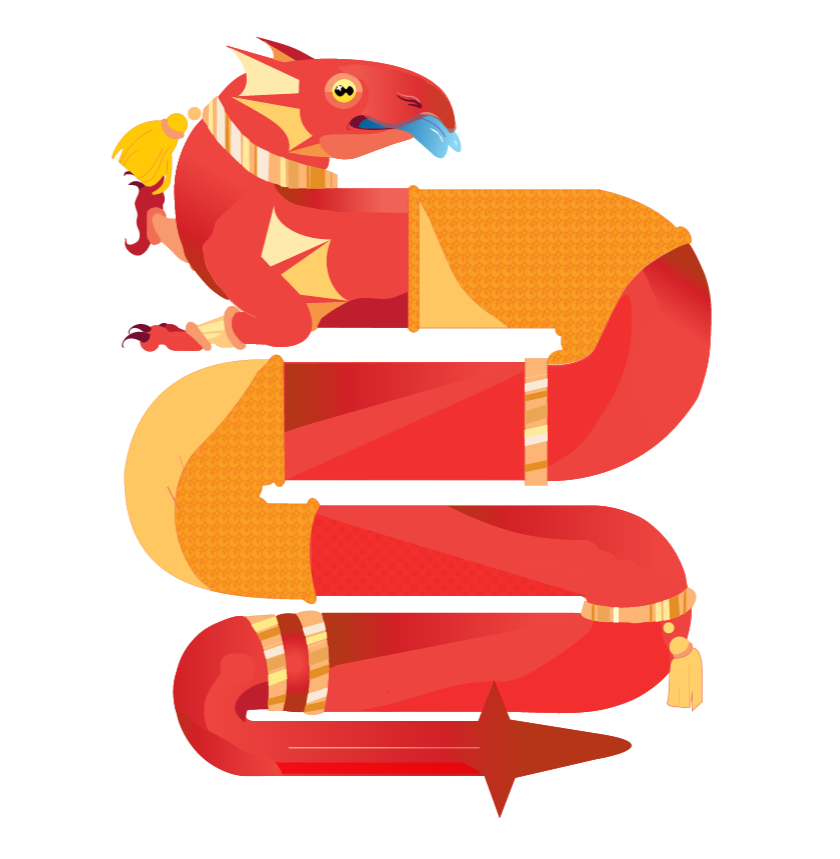 A long, red wyrm with a blue tongue and gold accessories.