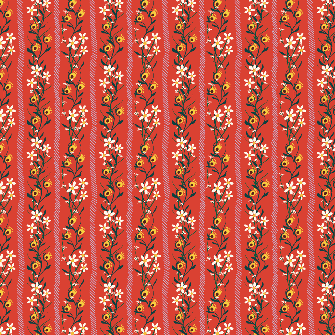 Yellow flowers and white daisies on a red background.