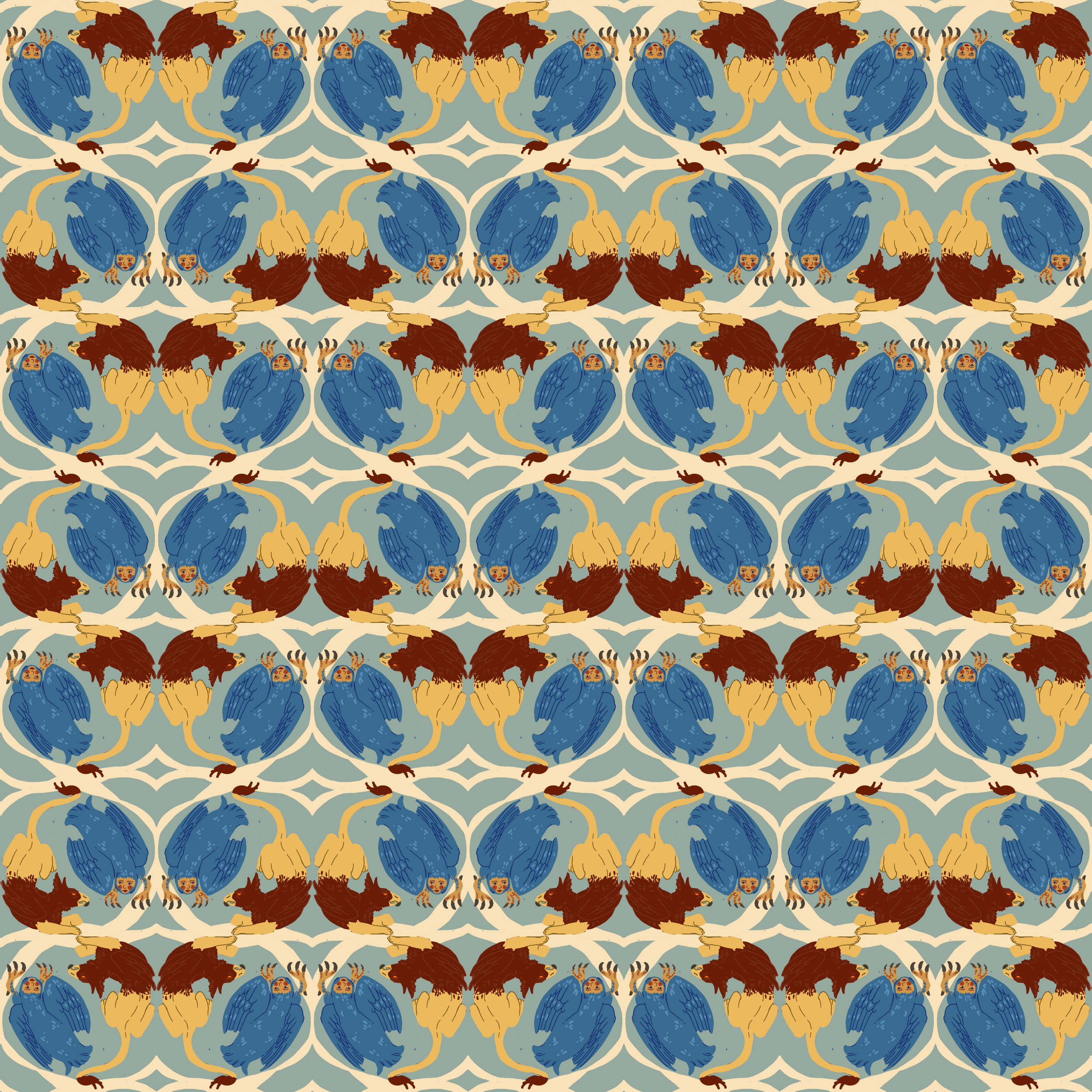 Harpies and griffons face each other in a cascading pattern.
