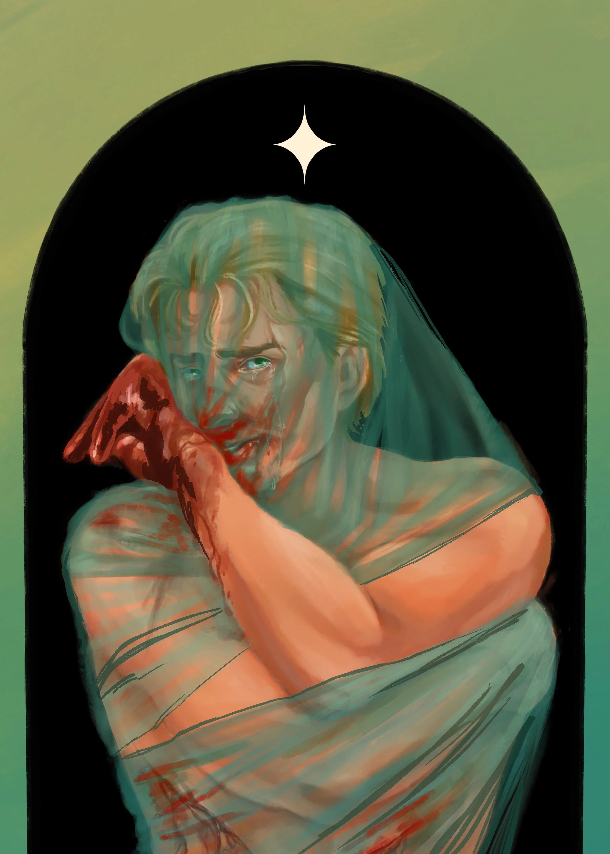 Anatole draped in green taffeta with bloody hands.