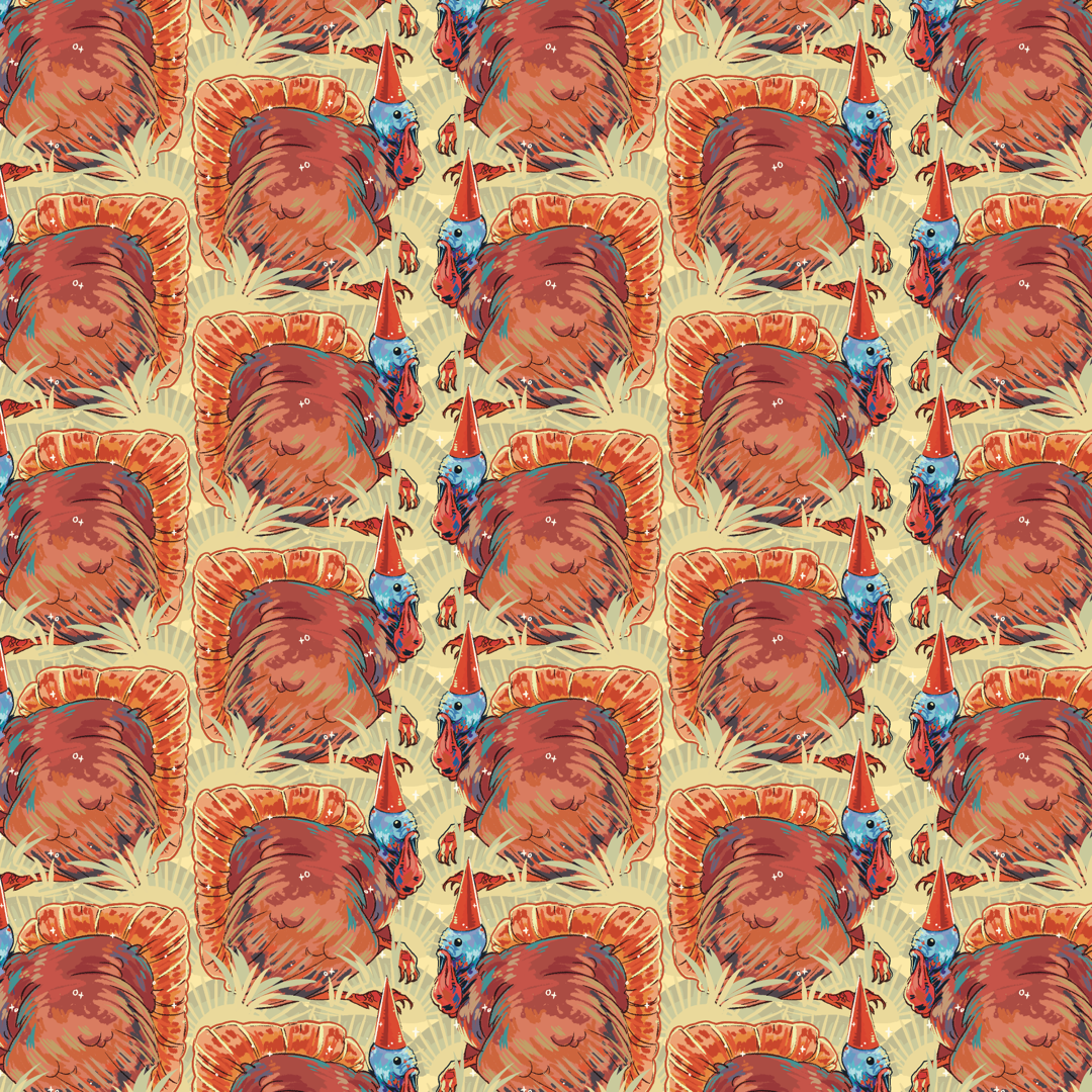 Turkeys in red hats on a straw colored background.