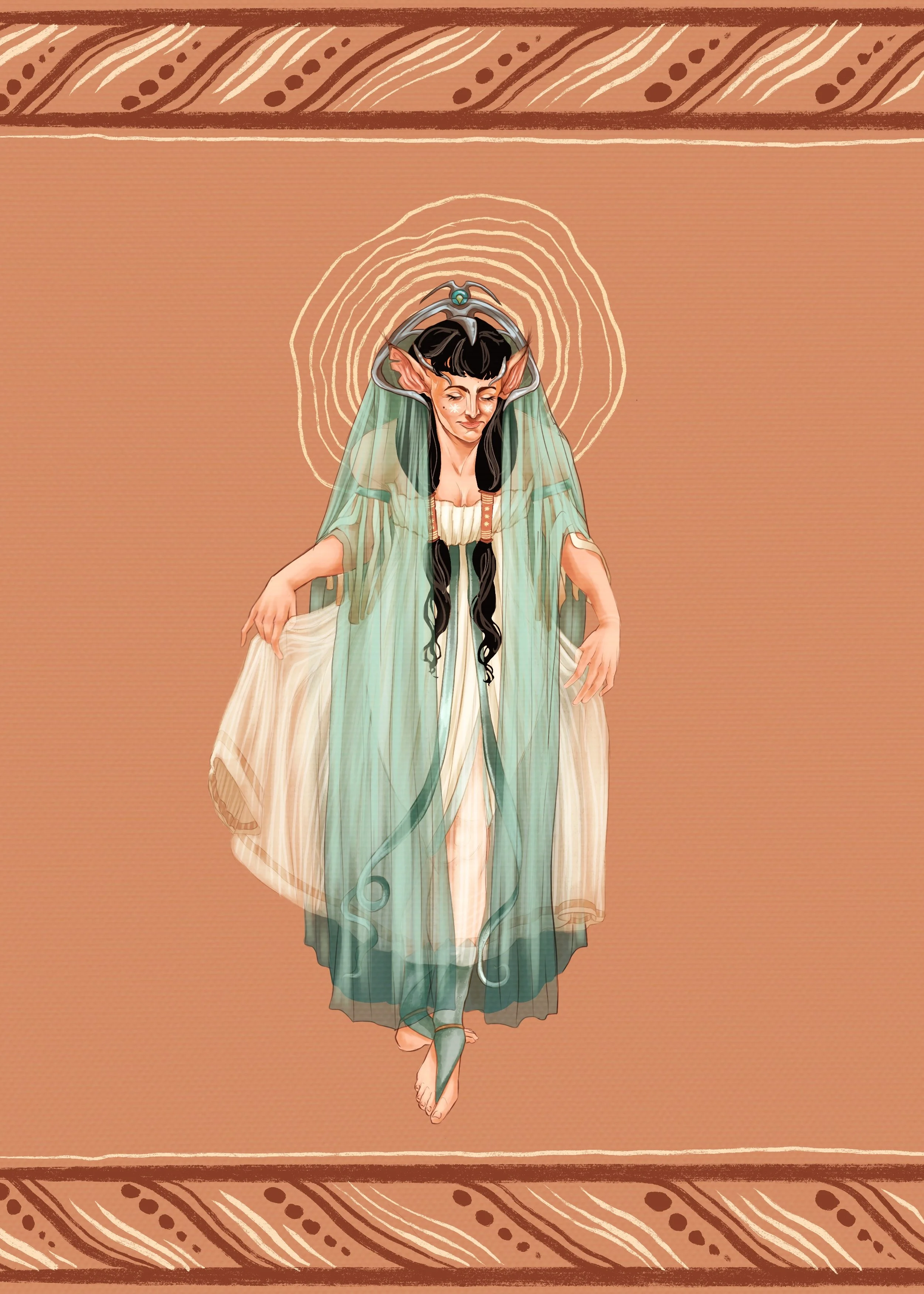 Sybellan dressed in her bridal robes bowing her head.