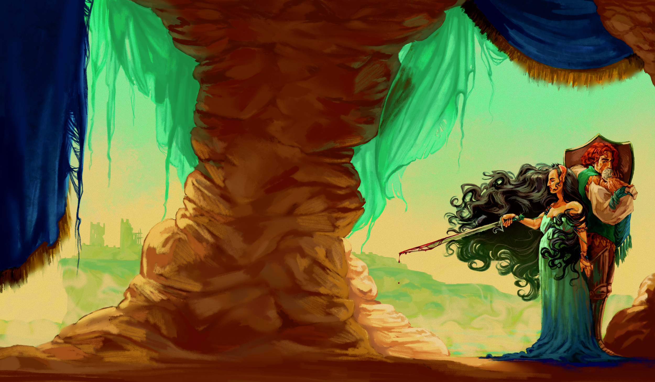 Two figures stand back to back against a steamy green background with a castle in the distance.