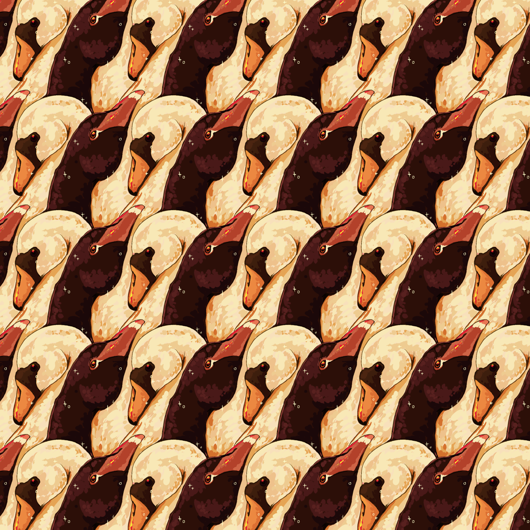 White and black swans embrace each other in a repeating pattern.