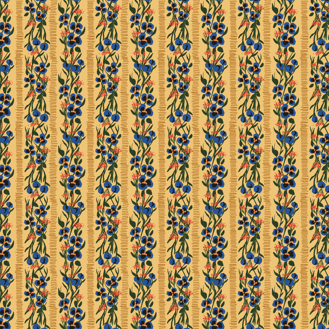 Blue flowers and red flowers on a yellow background.