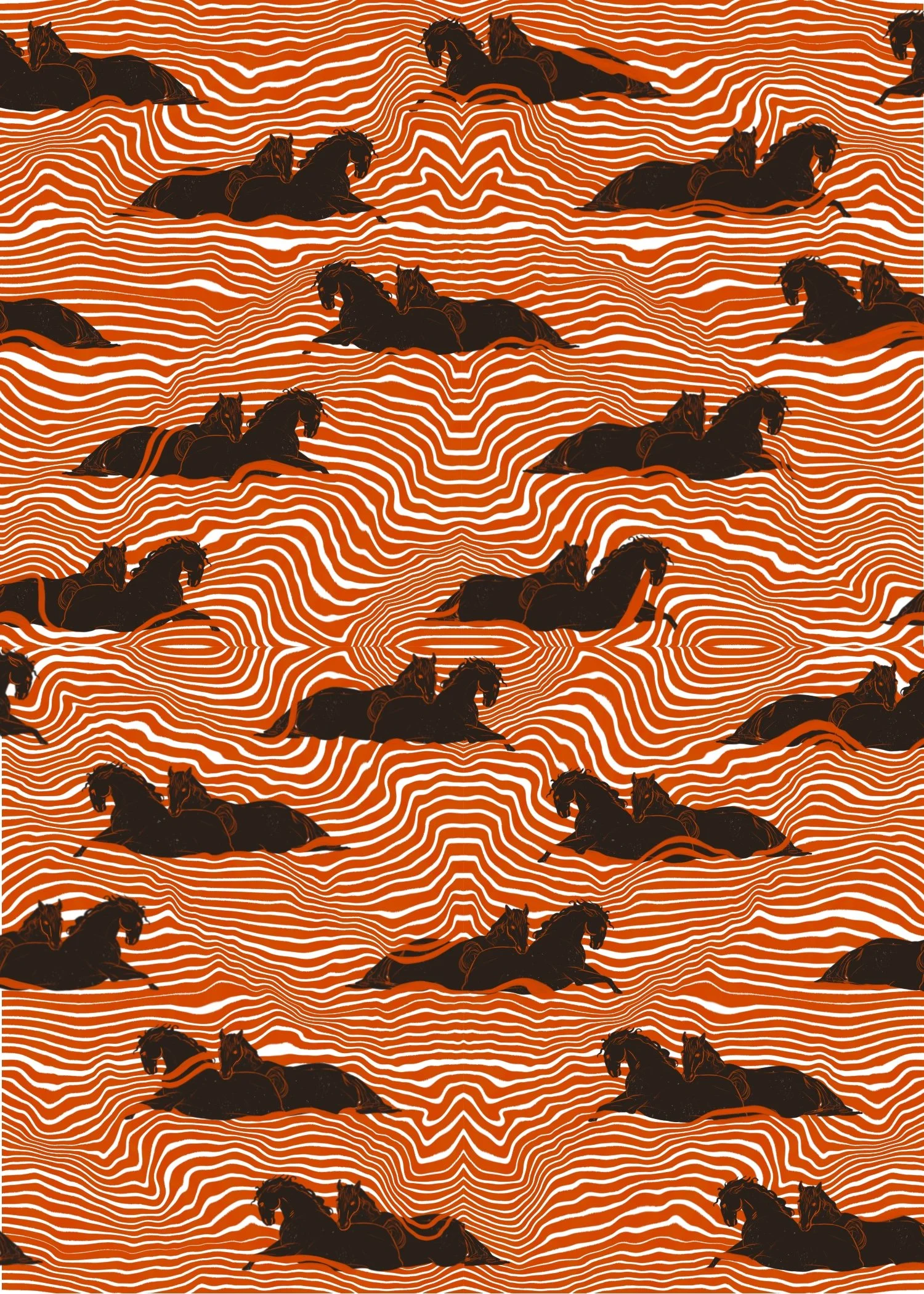 Pattern made of horse silhouettes set against an orange background with wavy lines.