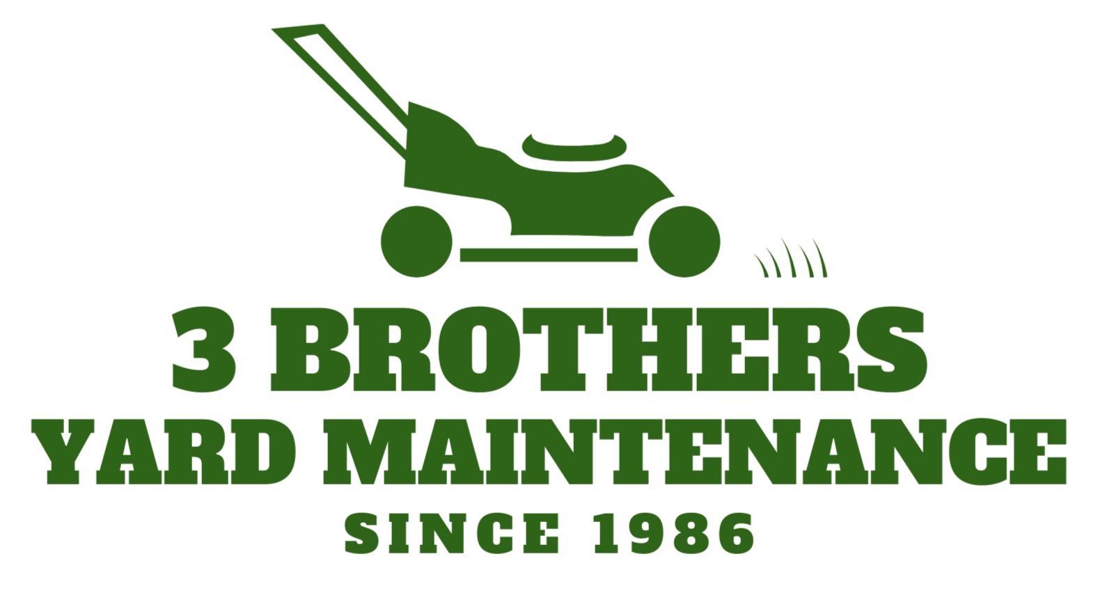 Green logo for 3 Brothers Yard Maintenance featuring a lawnmower and text '3 Brothers Yard Maintenance Since 1986'.