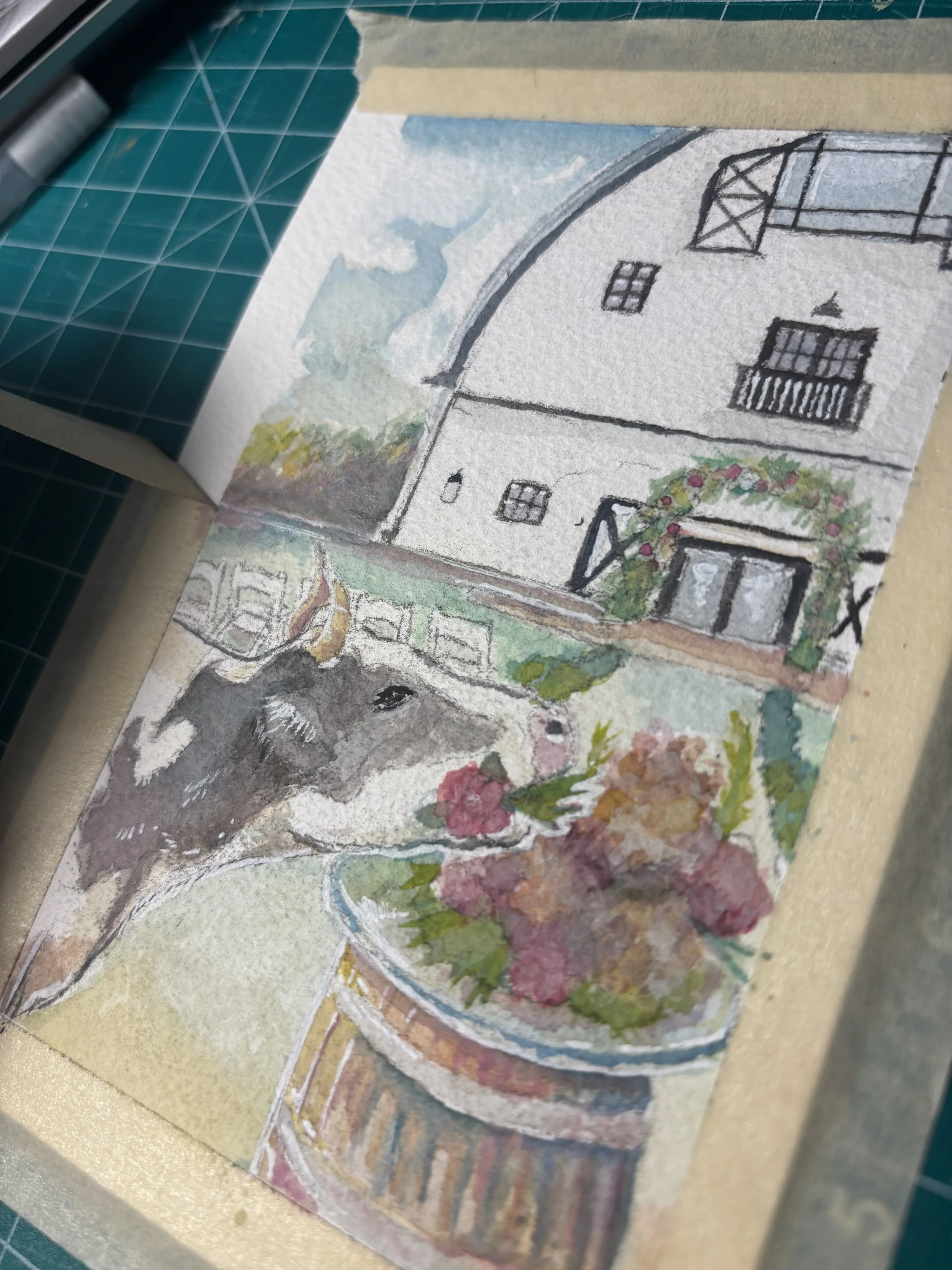 Watercolor painting depicting cow with flowers in mouth and peeling off tape to show that the painting is done.