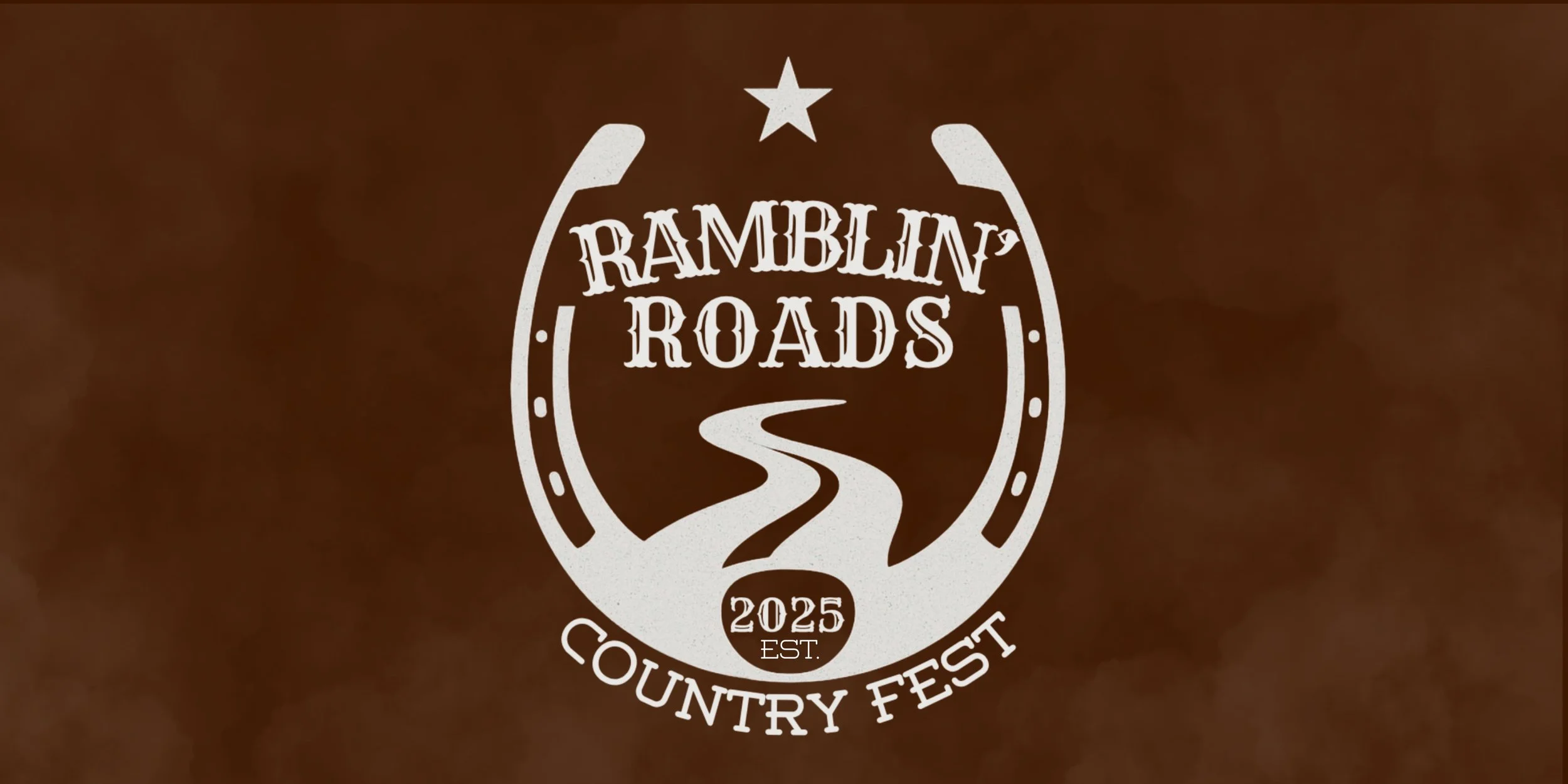 Logo for Ramblin' Roads Country Fest featuring a horseshoe, a road winding inward, a star at the top, and text indicating the event name, year 2025, and 'Country Fest'.