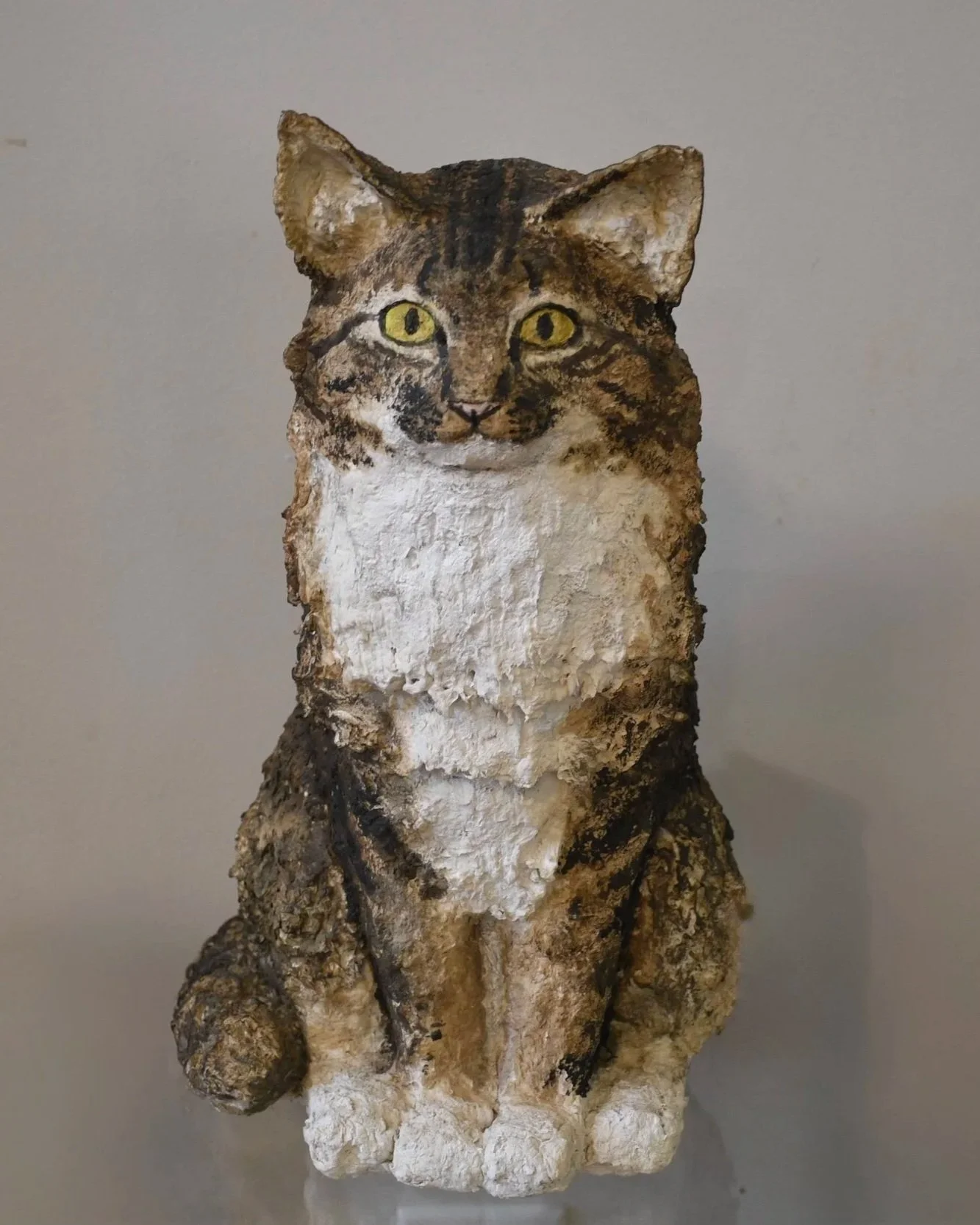 Cat. 2020. Cardboard, paper mache, and acrylic, 15 x 8 x 8 inches.