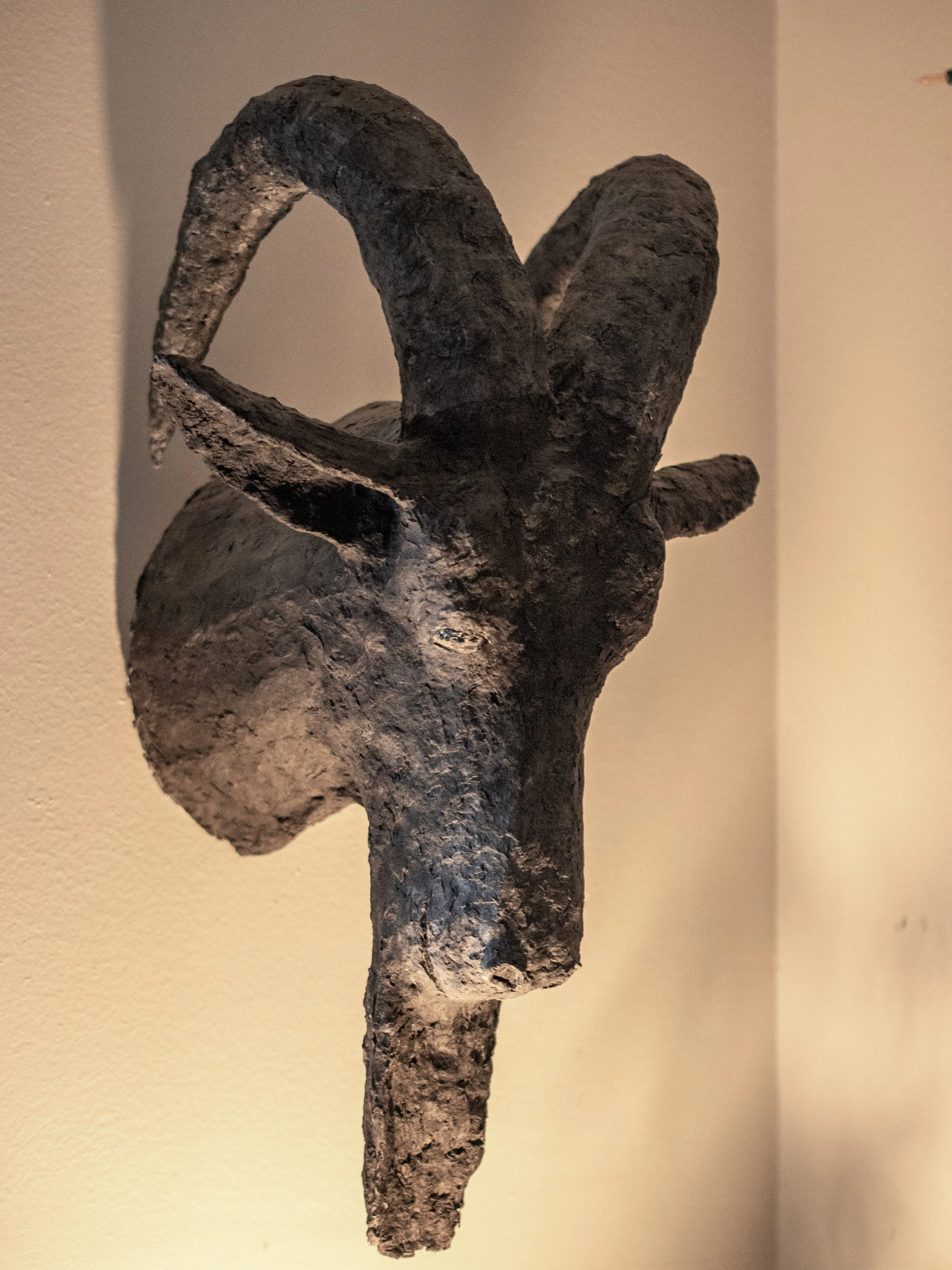 Goat. 2020. Cardboard, paper mache, and acrylic, 24 x 15 x 11 inches.