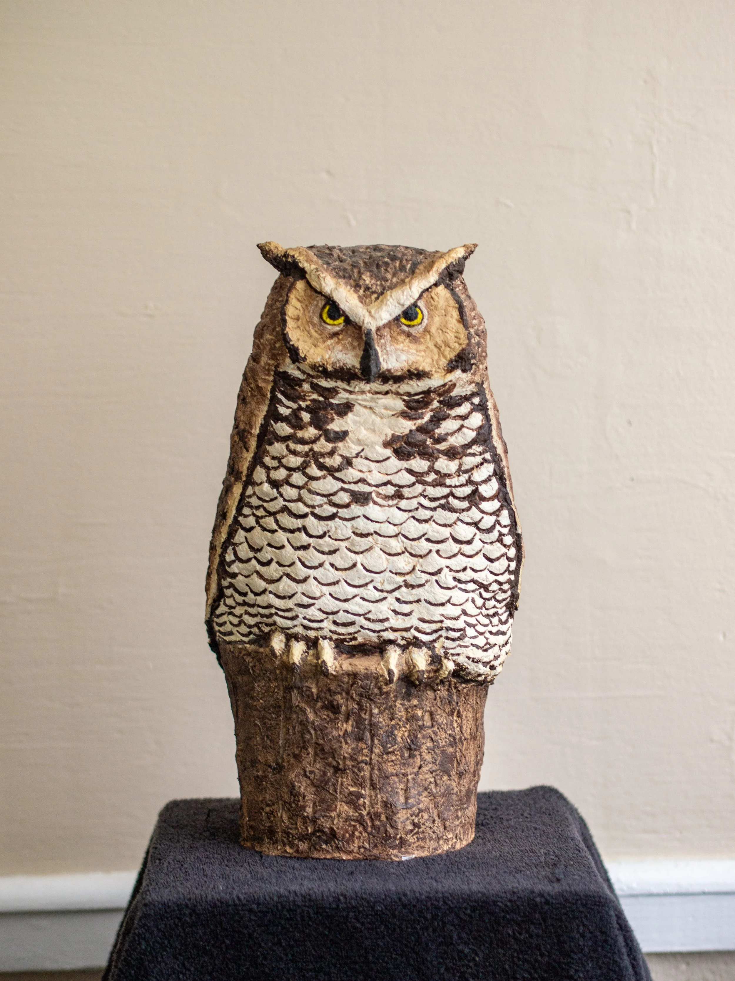 Owl. 2020. Cardboard, paper mache, and acrylic, 15 x 7.5 x 7 inches.