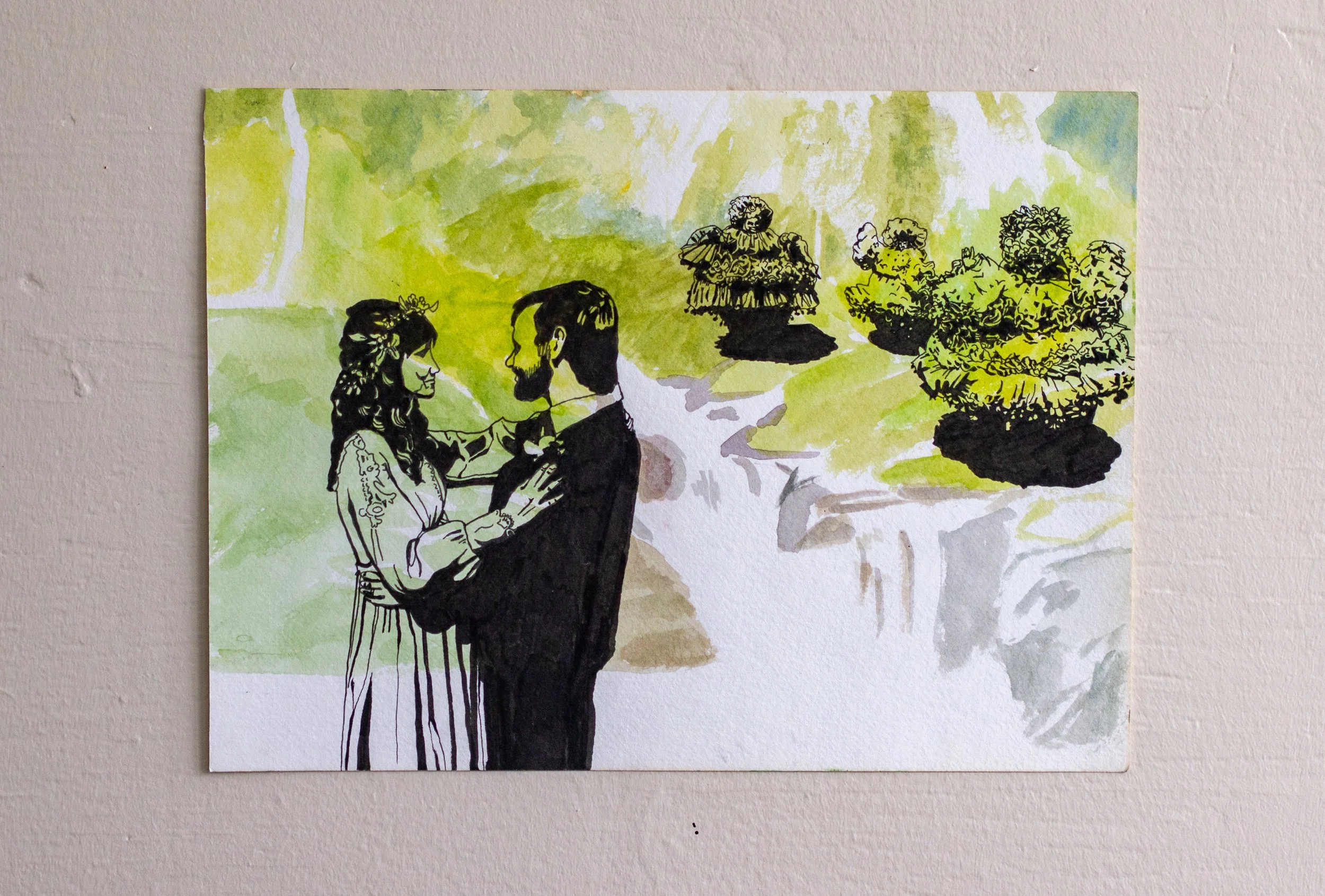 Christmas Party. 2017. Ink and acrylic on paper, 9 x 12 inches. 