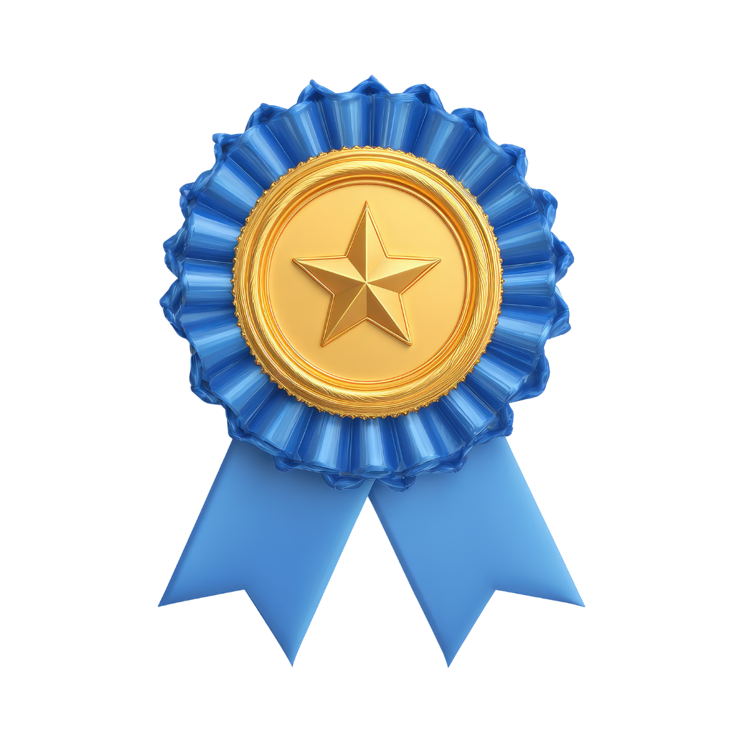 A blue award ribbon with a gold circular center featuring a raised star.