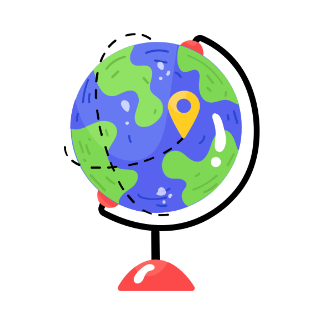 Illustration of the Earth with a yellow location marker and a dashed travel route.