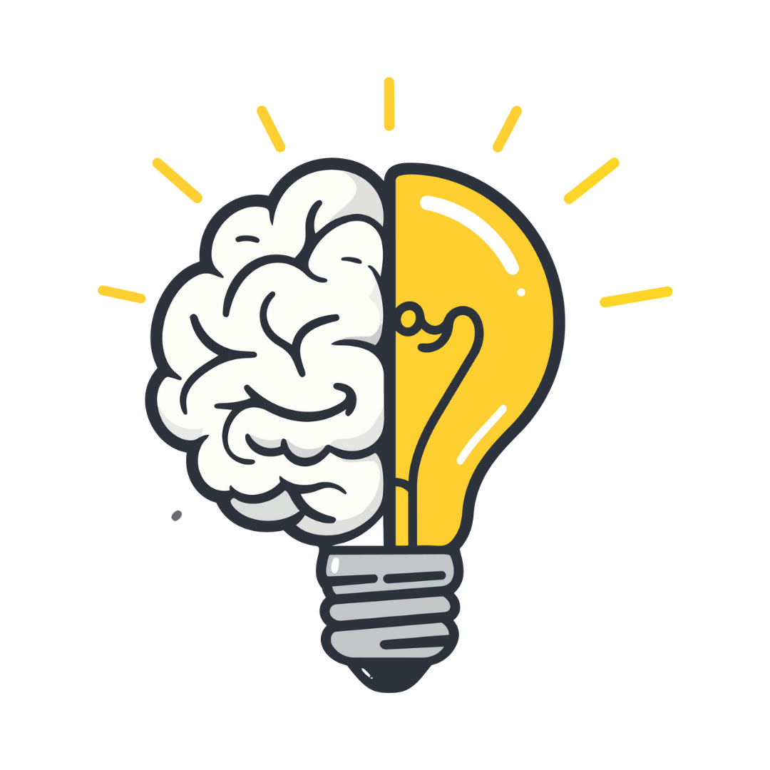 Illustration of a light bulb with a brain on the left side and a yellow glow on the right side, symbolizing ideas and thinking.