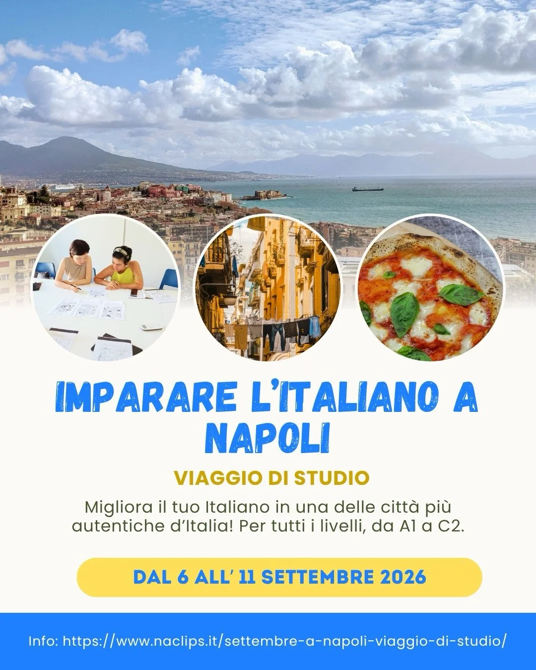 Here we go again! 💙 - Viaggio di studio Vol. 2

ITA: @cityofnaples_it e @naclips_learn_italian sono pronti di accogliervi a Napoli per la seconda edizione del viaggio di studio. 📚🗻🏝️🍕🇮🇹

Per avere pi&ugrave; informazioni e per partecipare cont
